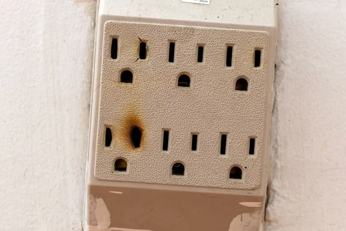 A close-up of a cream-colored power strip shows severe burn damage and charring around one outlet