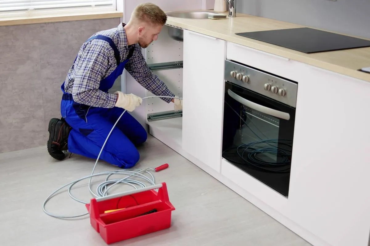 A plumber using a drain snake under a modern kitchen sink