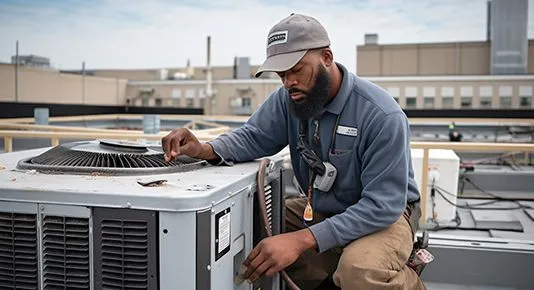 An HVAC technician servicing an outdoor air conditioning unit on a sunny rooftop