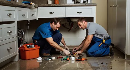 Two plumbers kneeling to repair a leaking pipe under a kitchen sink